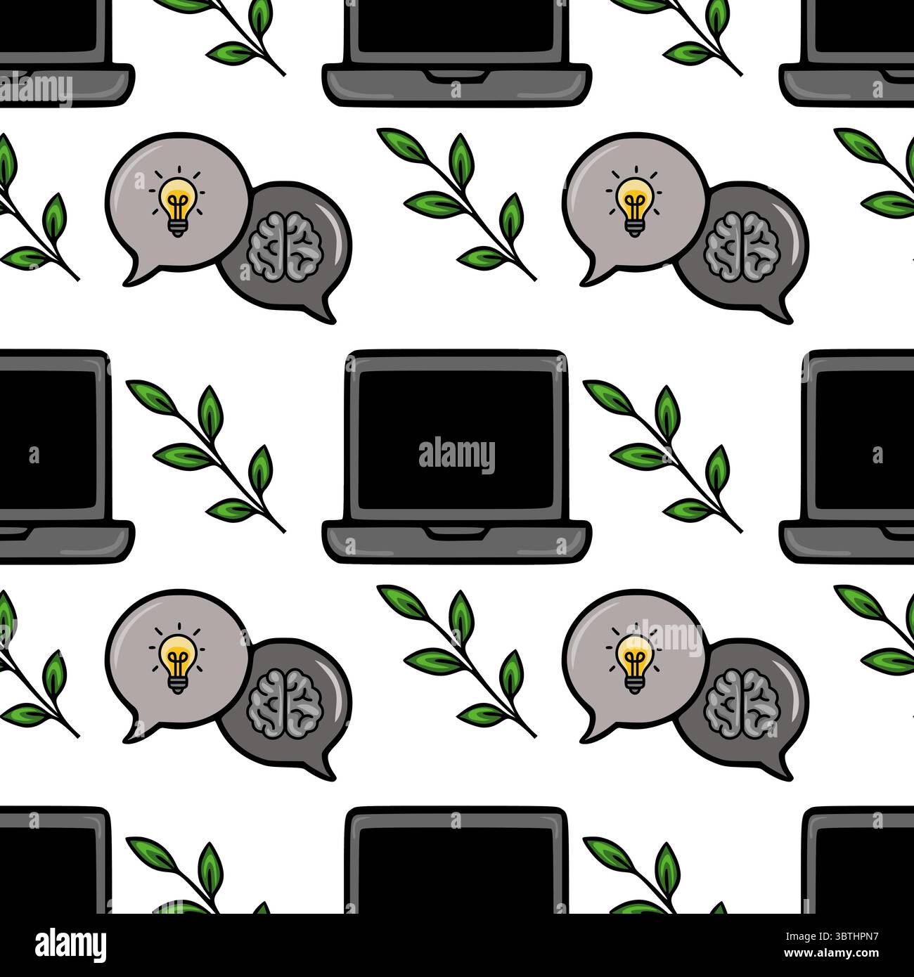 Seamless vector pattern featuring laptops, brain and lightbulb speech bubbles, and green leaves, representing creative ideas and technology. Stock Vector