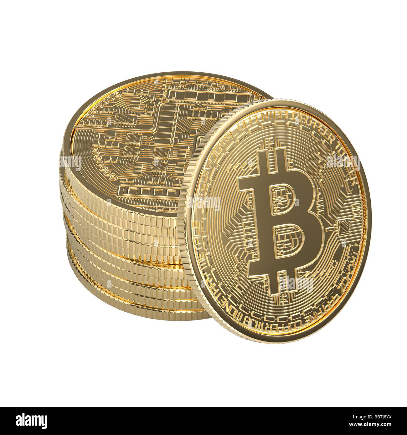 Stack of gold bitcoins leaning on transparent background 3d Stock Photo