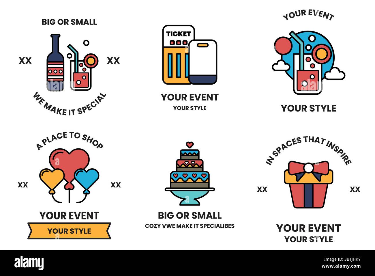 A Set of illustrations in party and event concepts in line drawing ...