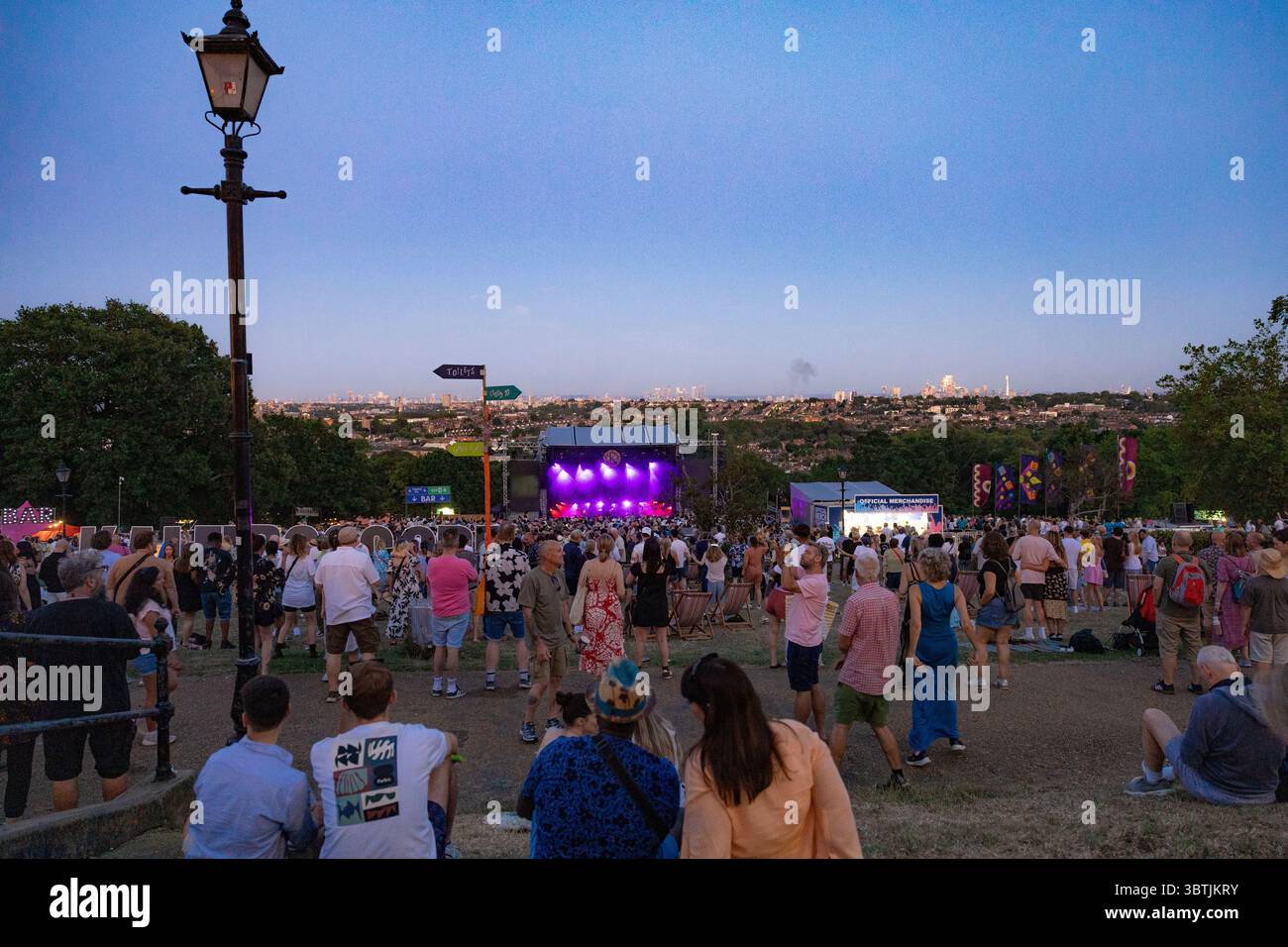 Kaleidoscope festival at Alexandra Palace at dusk with the city skyline behind the stage, Faithless playing, 12 July 2025 Stock Photo