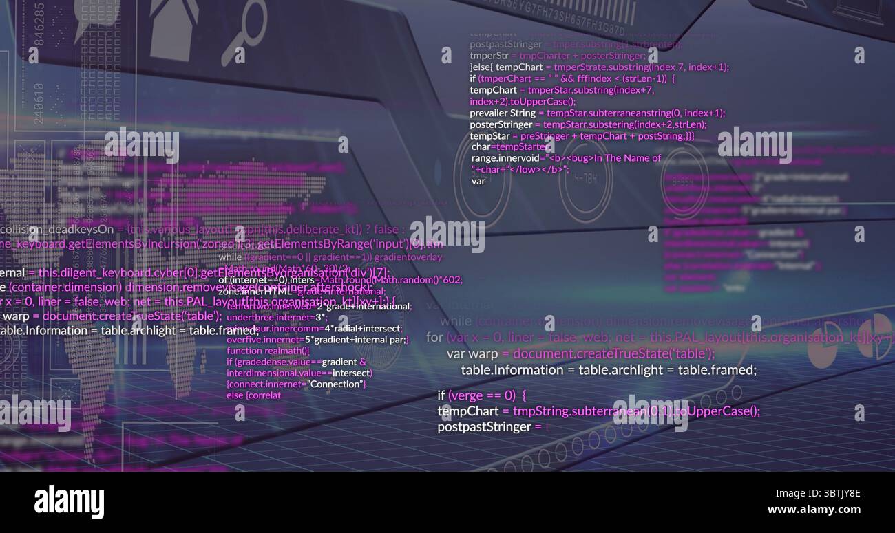 Displaying programming code and UI icons floating across virtual workspace, with glowing grid floor Stock Photo