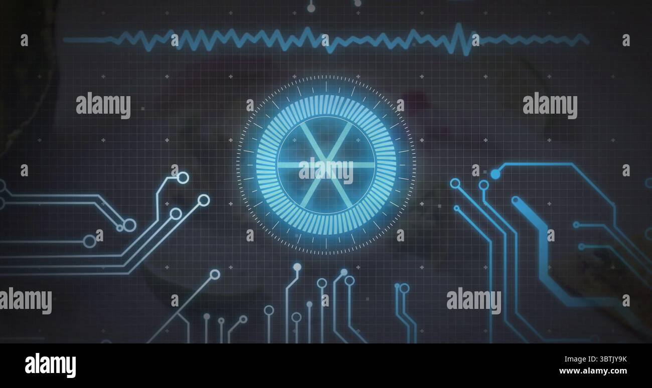 Displaying circular interface hovering over grid in dashboard, with cyan waveform and circuit lines Stock Photo