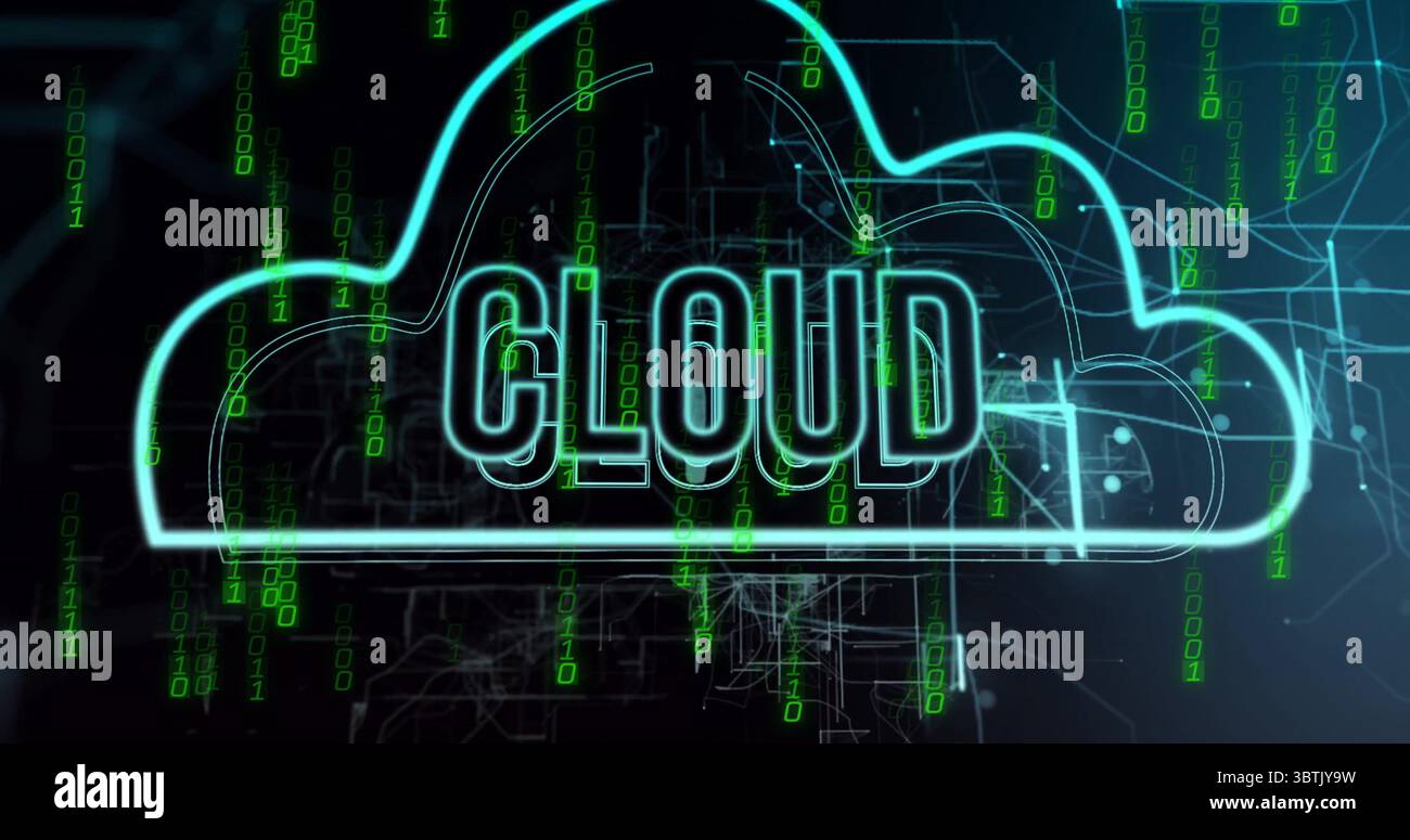 Glowing neon-blue cloud icon illuminating digital environment, with streaming green binary digits Stock Photo