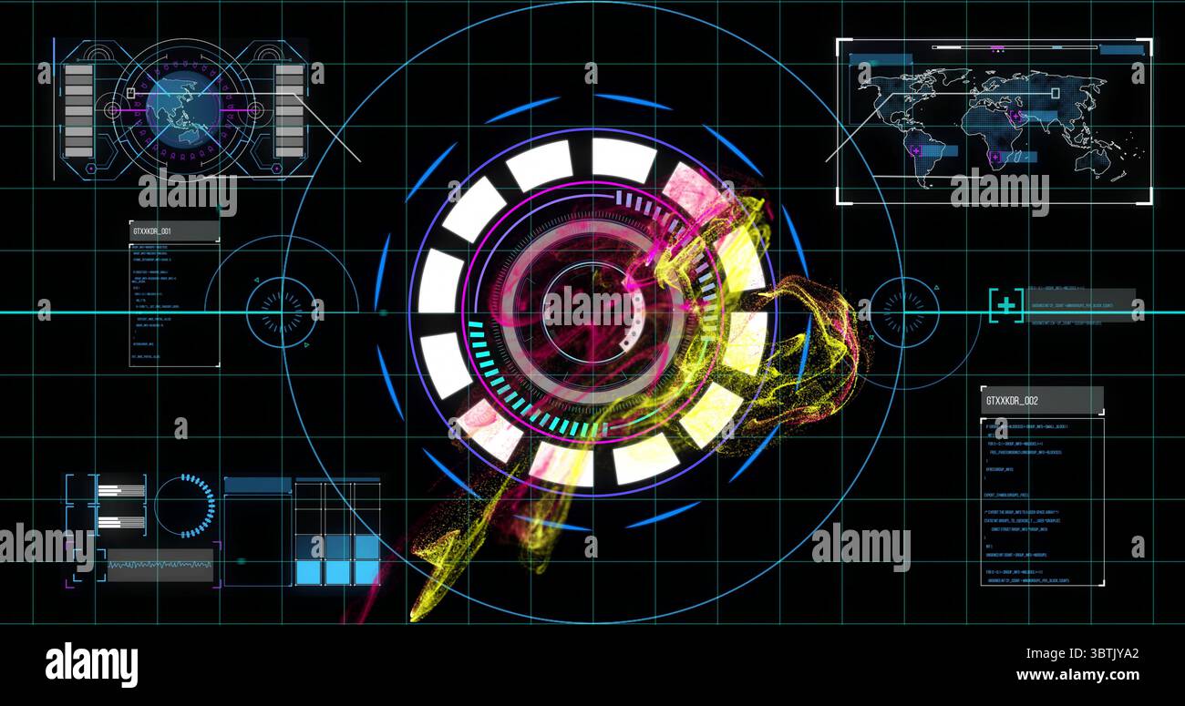 Displaying central HUD graphic floating in virtual interface with particles, map widgets and gauges Stock Photo