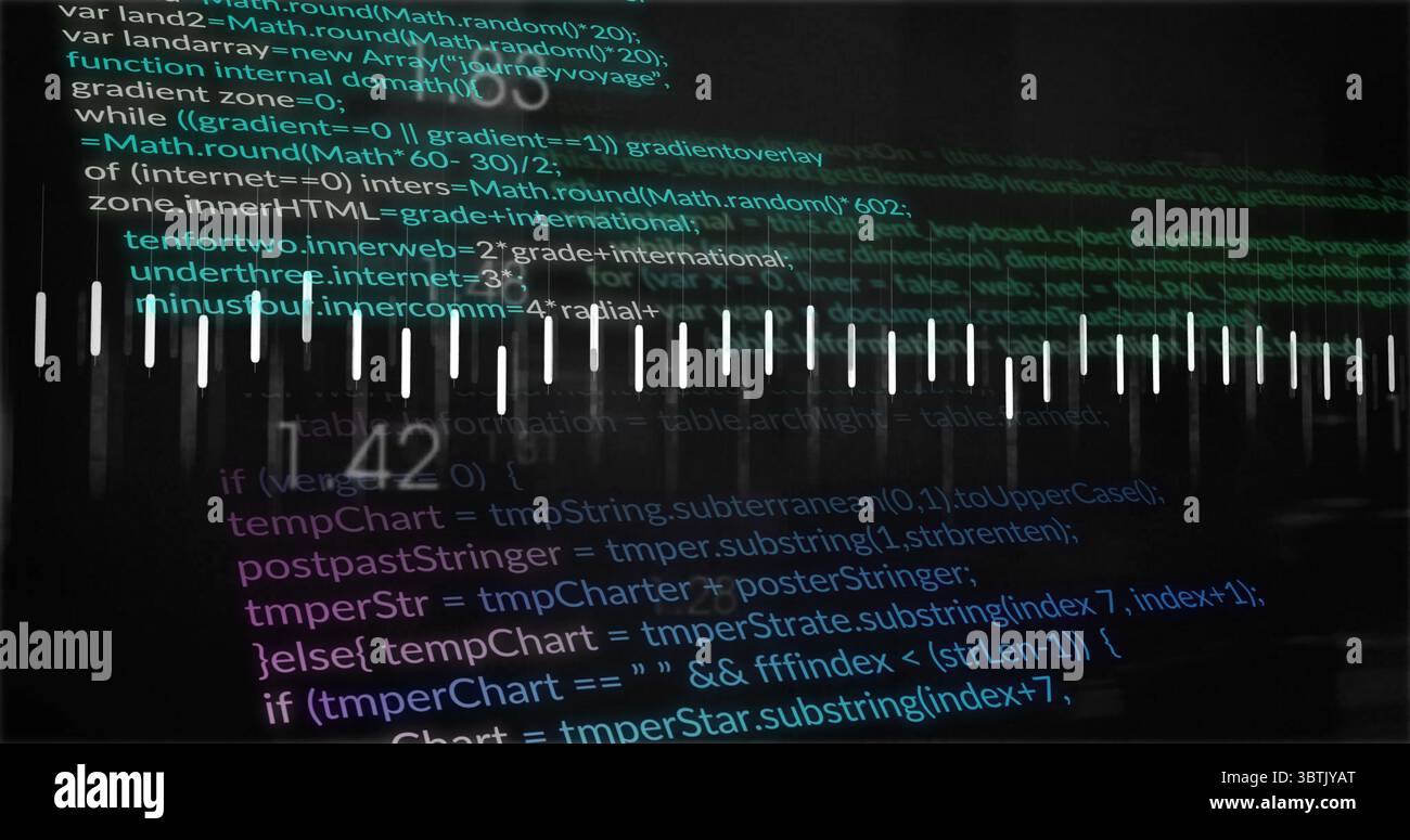 Displaying audio waveform bars overlaying code interface at dark display, with digital clock Stock Photo