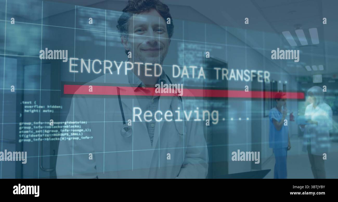 Displaying encrypted data overlay over male doctor in hospital corridor with stethoscope and code Stock Photo