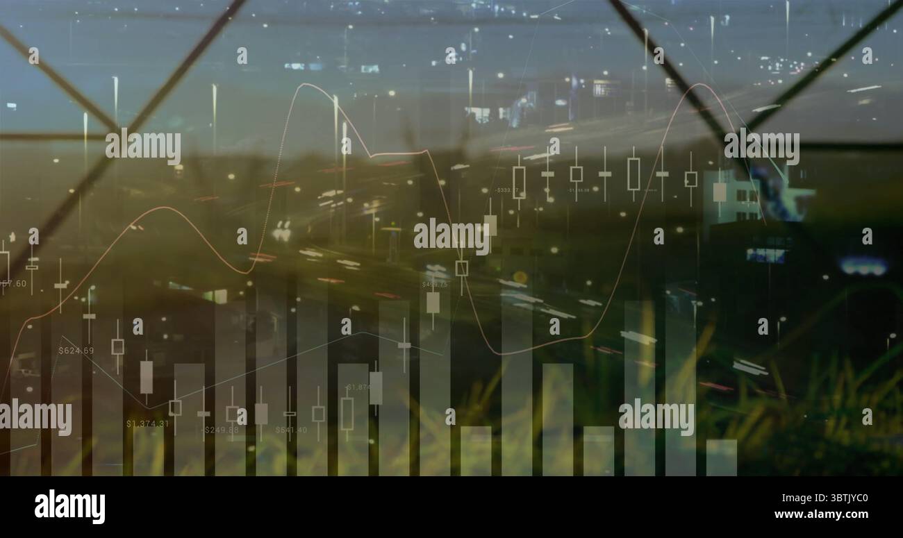 Displaying financial chart overlay covering nighttime highway with skyline, with light trails Stock Photo