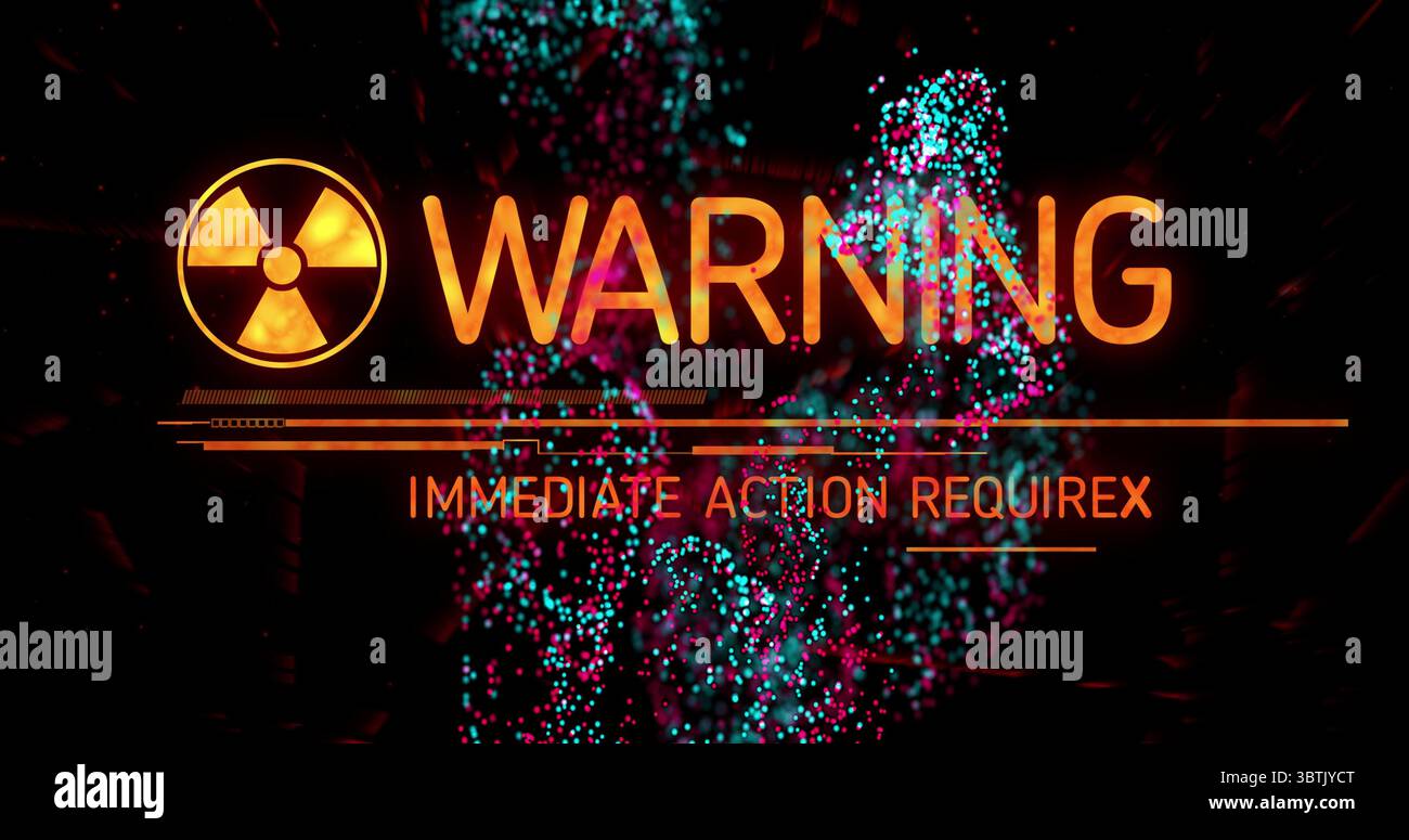 Displaying warning text glowing in control panel, with data bars, radiation icon and neon particles Stock Photo