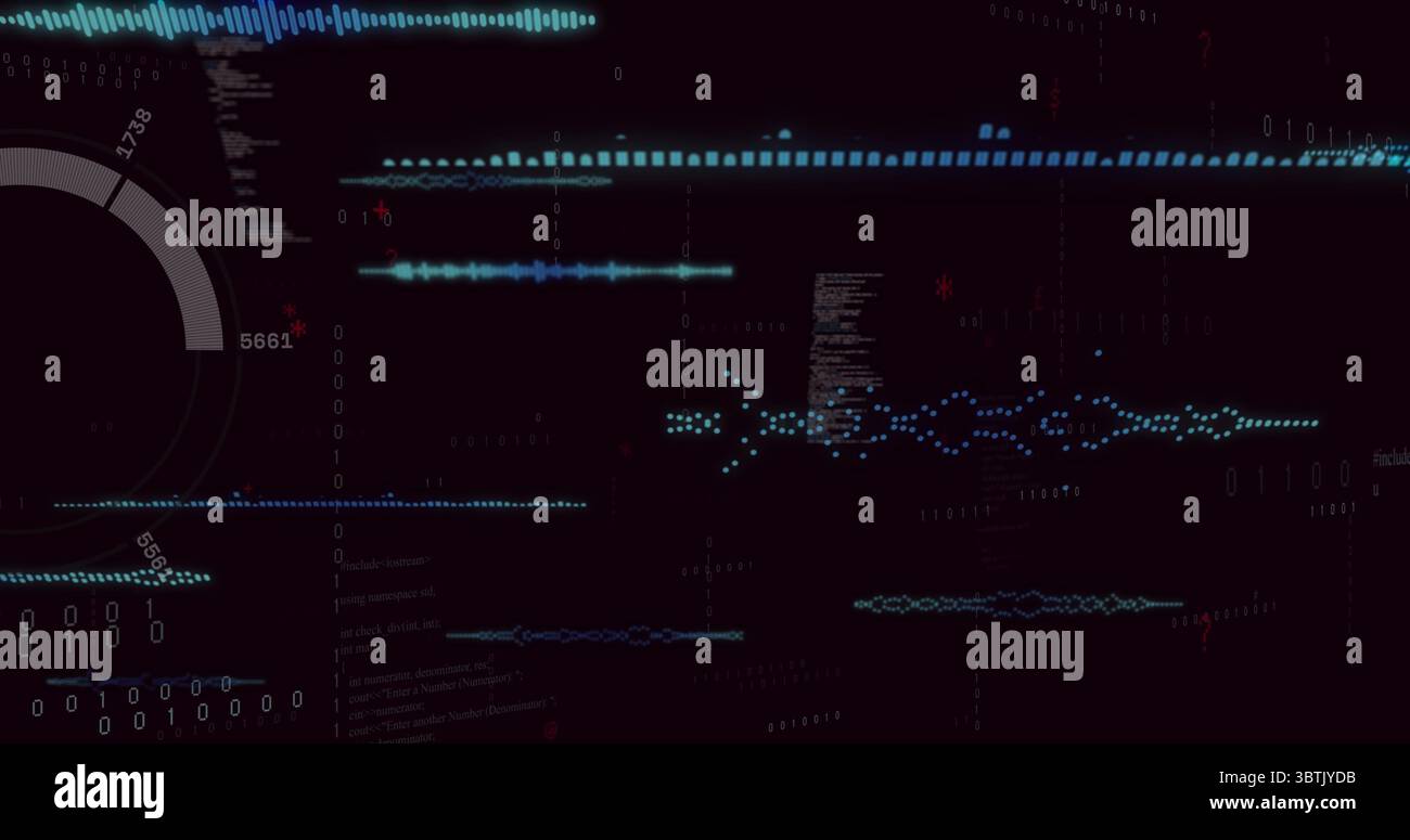 Displaying data interface on dark background, with waveforms, binary streams, circular gauge Stock Photo