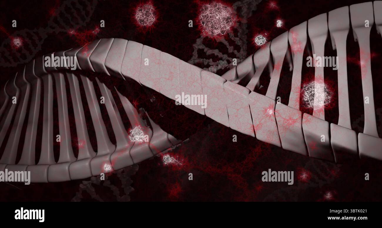 Twisting DNA helix floating in molecular visualization, with glowing red particles and grey chains Stock Photo
