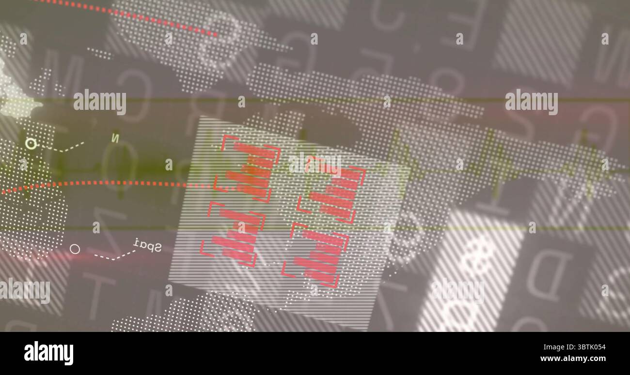 Displaying central panel showing red bars on interface with world map, colored lines and data nodes Stock Photo