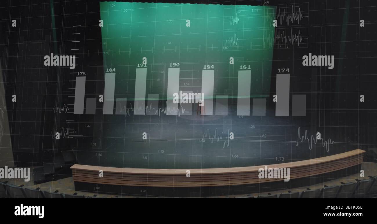 Displaying projected bar chart on projection screen, with wooden stage ...