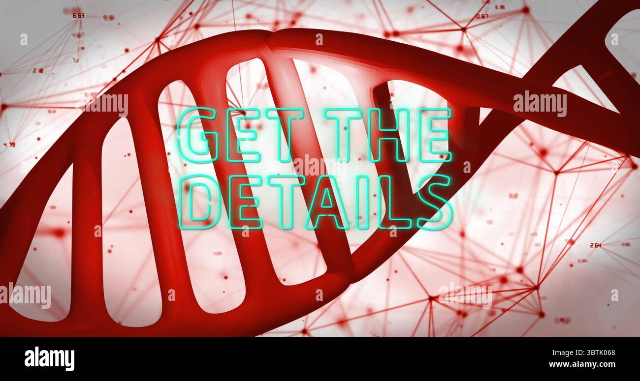 Displaying red DNA helix curving through digital network background, with glowing teal text Stock Photo