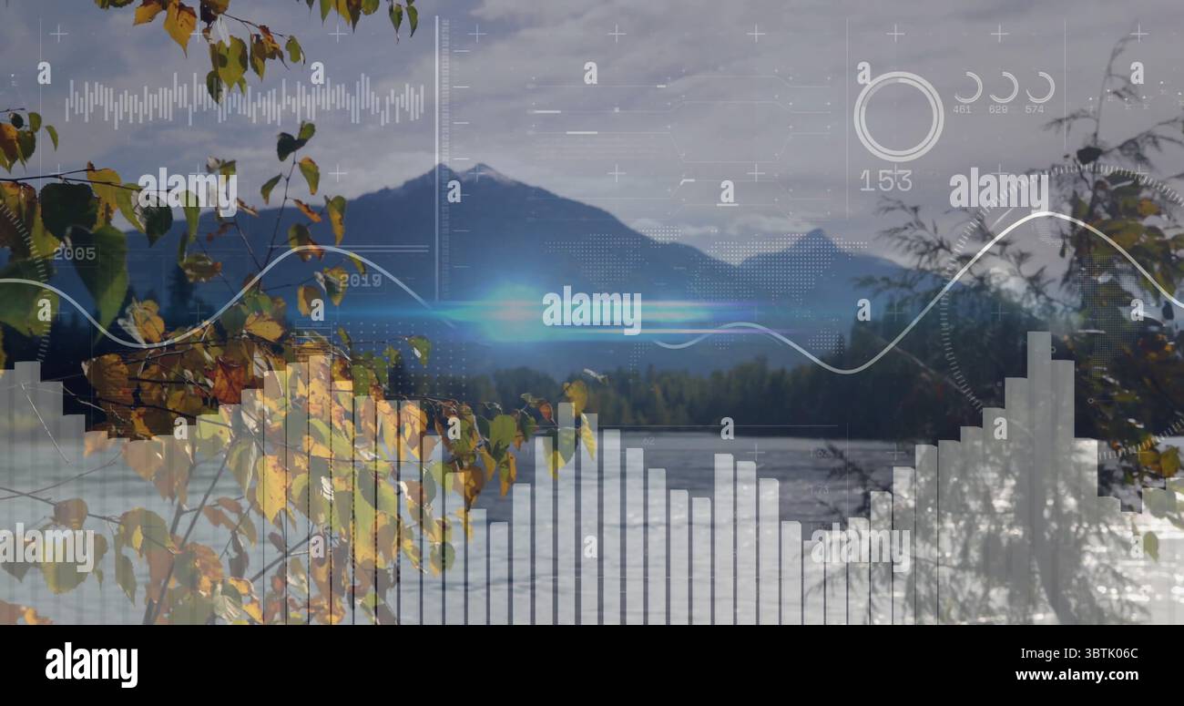 Displaying digital overlay with charts hovering at lakeshore, with forest, branches and mountains Stock Photo