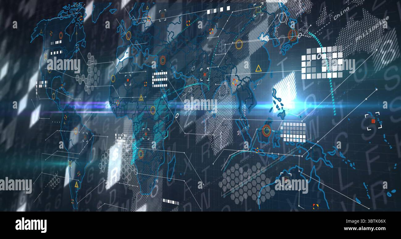 Displaying data charts world map - Displaying Holographic World Map Interface In Control Center With Hexagon Overlays 3BTK06X