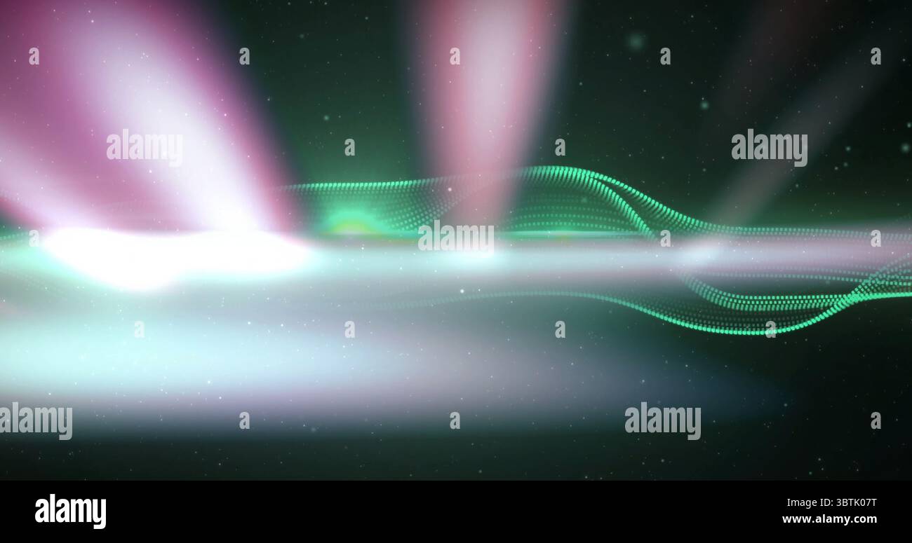 Displaying green dotted waveform intersecting white light streak in void, pink columns, particles Stock Photo