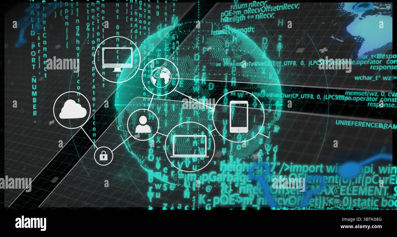 Floating digital globe and connected icons appearing in network interface, with cascading binary Stock Photo