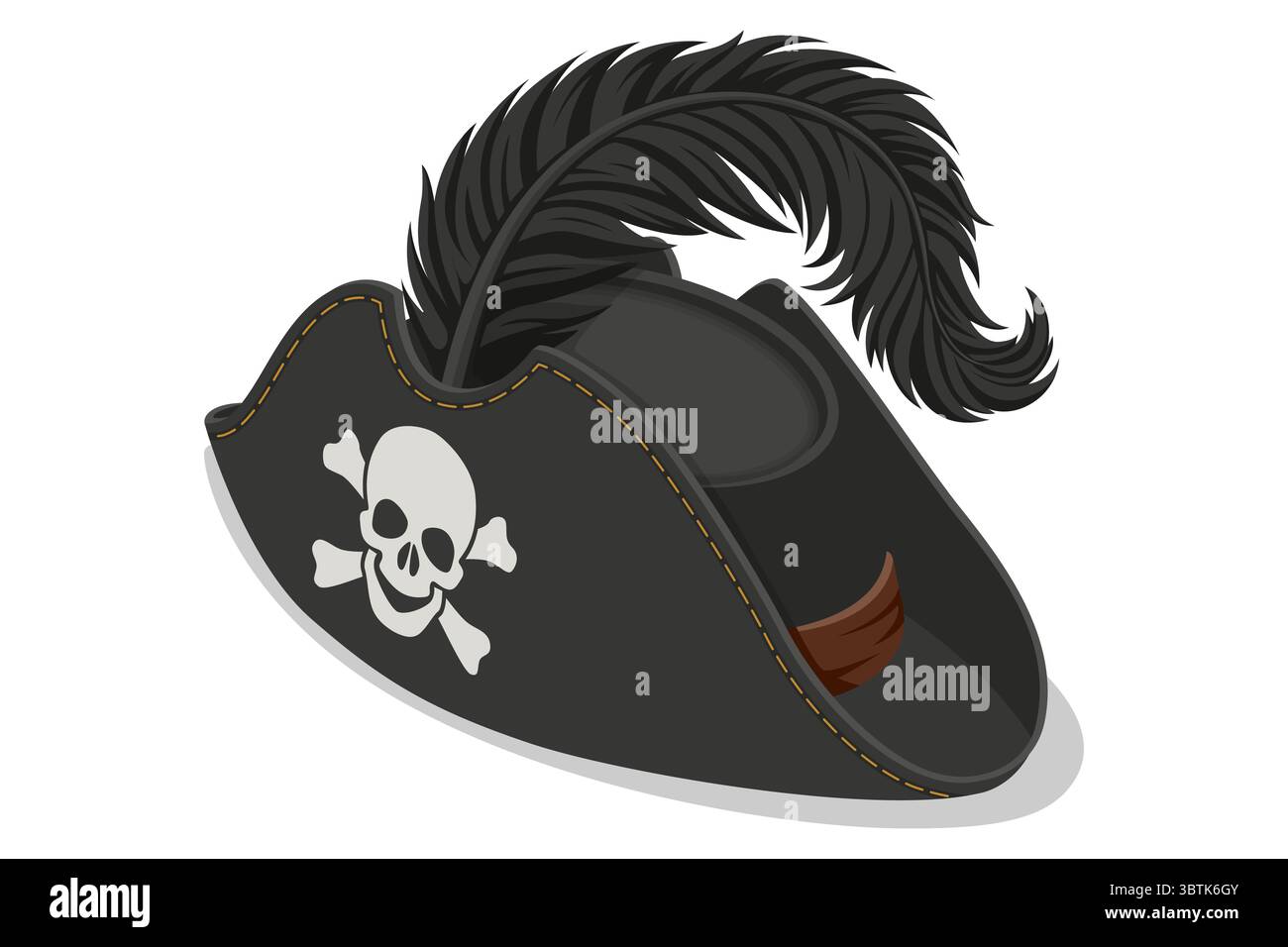 A classic Isometric black pirate hat adorned with a white skull and ...