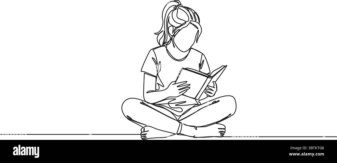 continuous single line drawing of girl sitting on floor reading a book ...