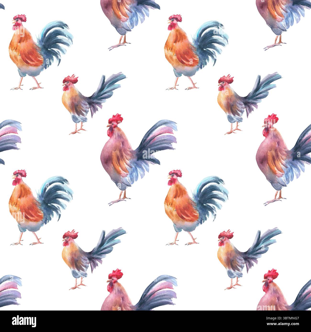 Rustic rooster sketch seamless pattern in bright watercolor tones ...