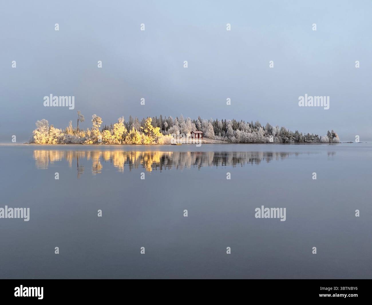 Snow-covered island with a red cabin reflected in the tranquil water on a winter morning - Smartphone Captured Stock Image