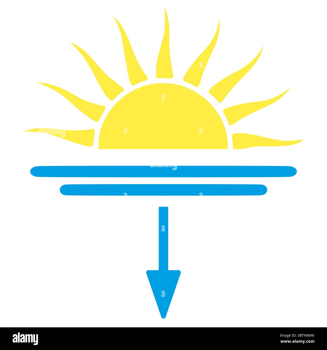 Abstract sun symbol with horizontal lines and downward arrow in blue ...