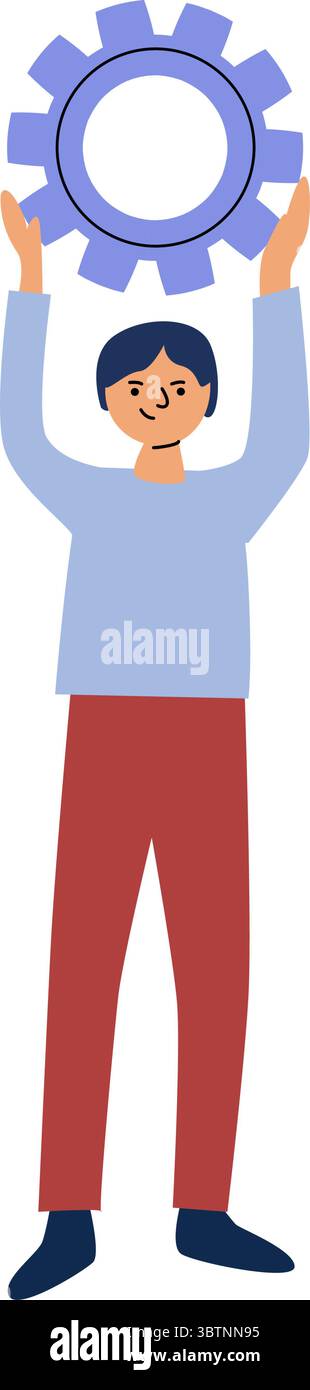 Man holding gear. Flat vector illustration symbolizing process, configuration, teamwork, technology, system setup, or business development. Stock Vector