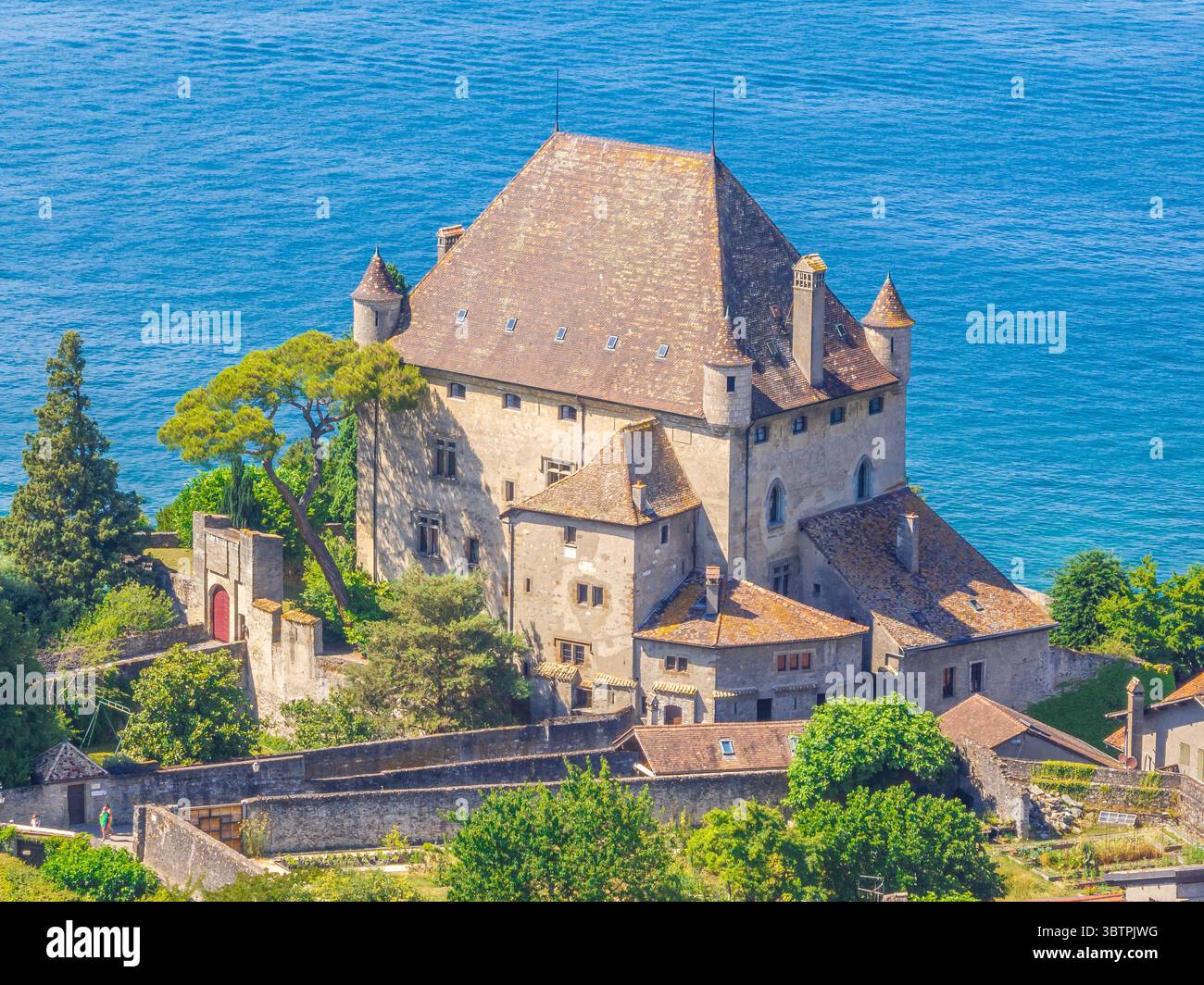 Aerial Close Up View Of Yvoire Castle On Lake Geneva France With 4 aerial-close-up-view-of-yvoire-castle-on-lake-geneva-france-with-4