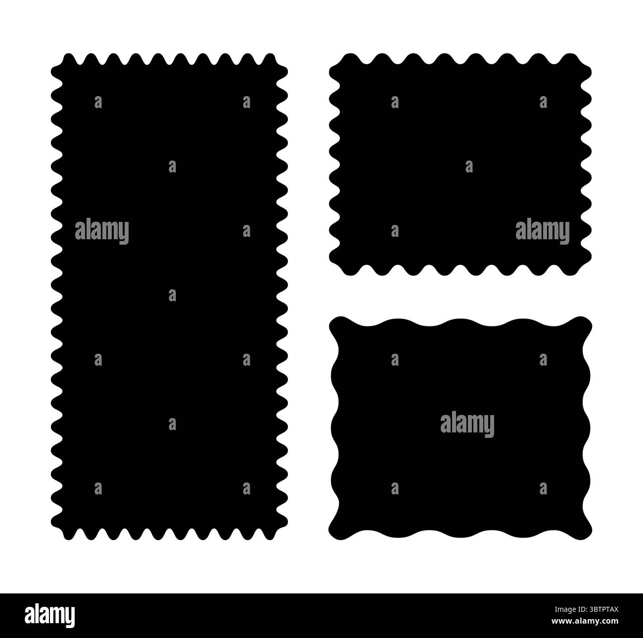 Set of flat rectangular patterns with squiggly borders. Wave curve edge black frames. Trendy tags, empty text boxes, labels, stamps, crackers, coupons Stock Vector