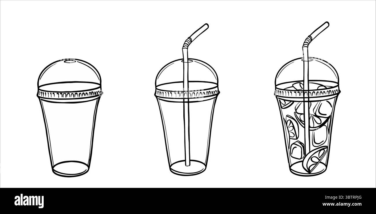 Set of Plastic glass for cold lemonade. Cold drink to go outline ...