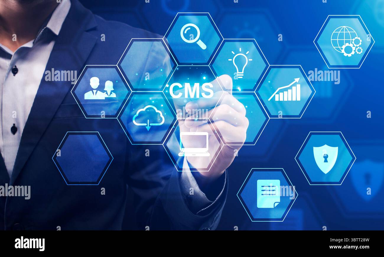 Content management system. Collage of SMM manager, computer icons and ...
