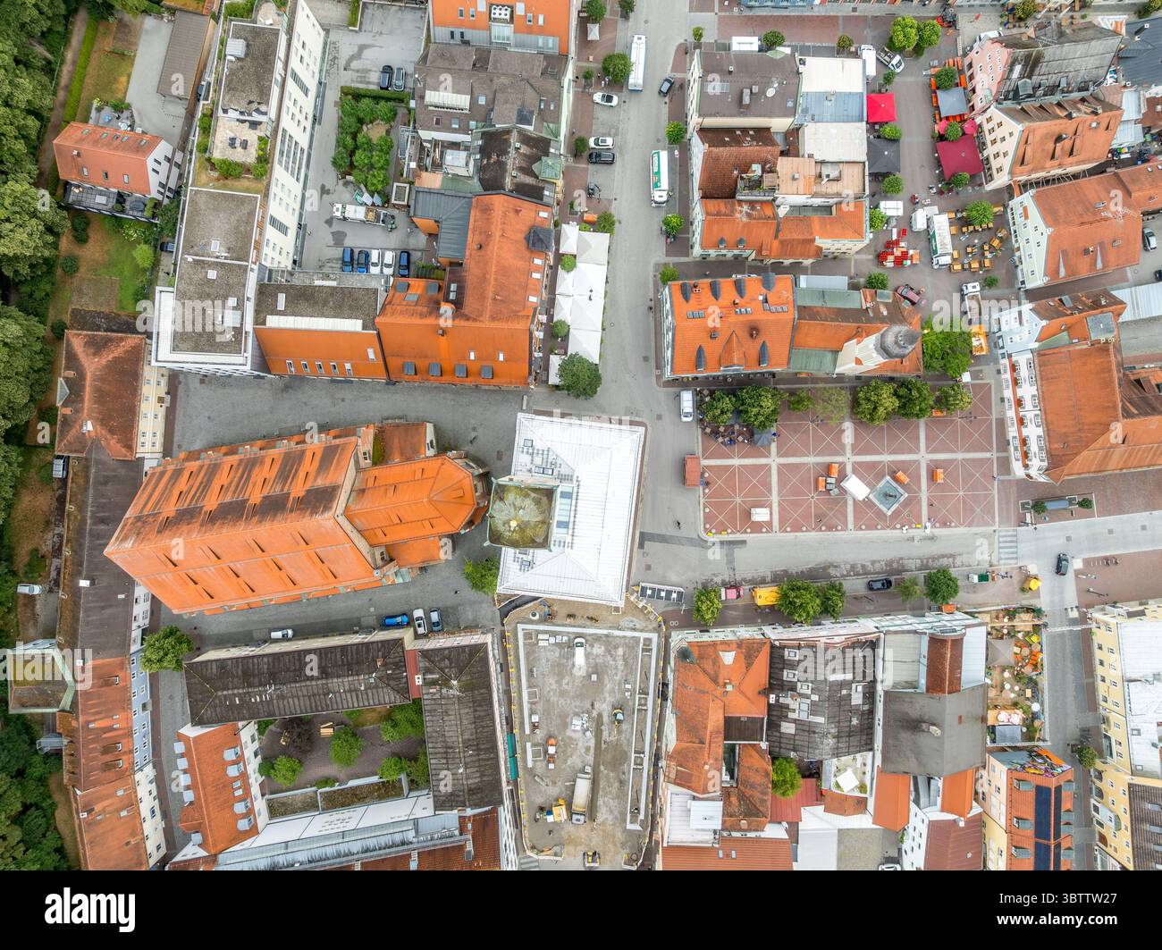 Aerial view of medieval market town center with Gothic church in Erding ...
