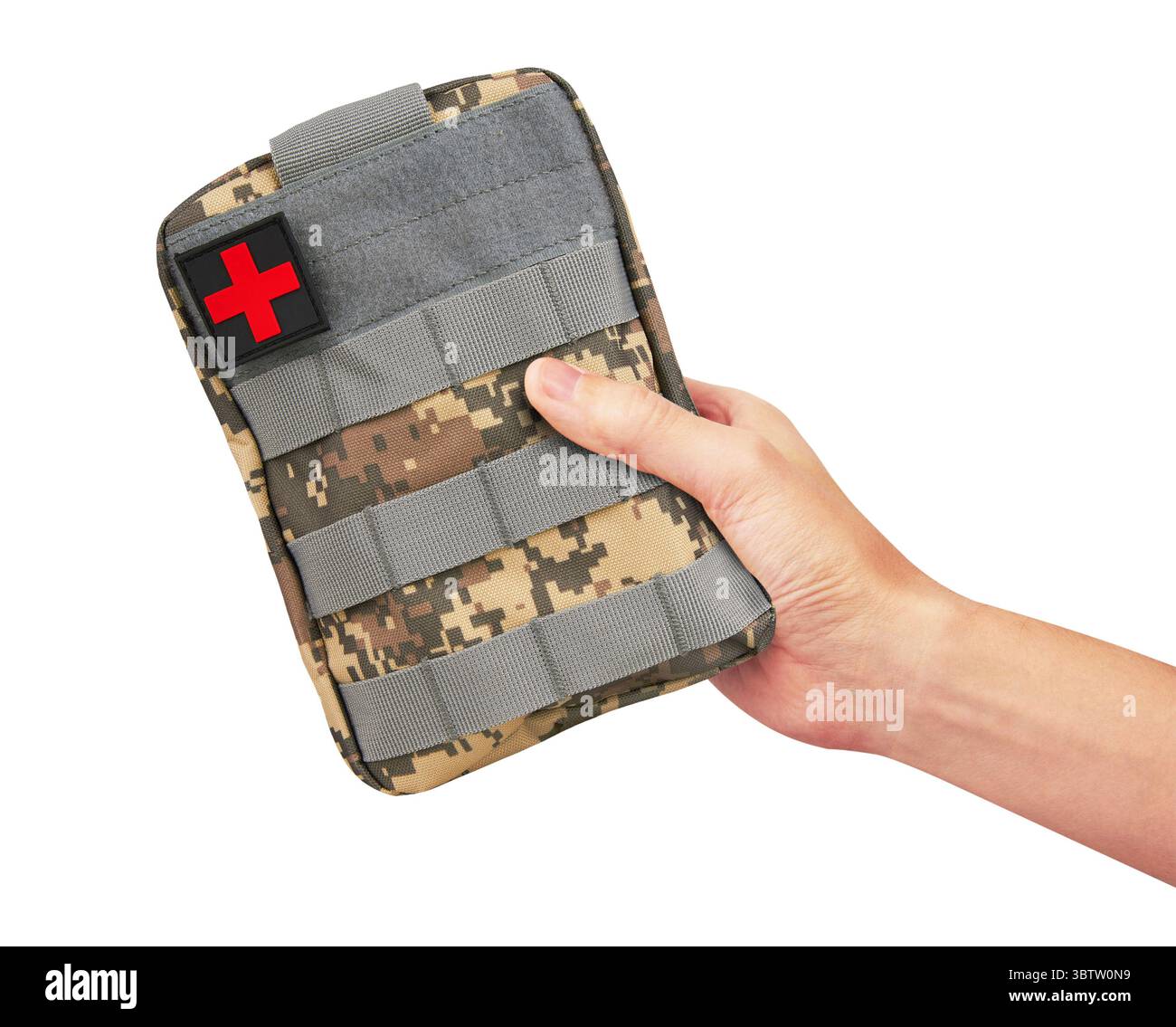 Army First Aid Kit in hand isolated on white background Stock Photo - Alamy