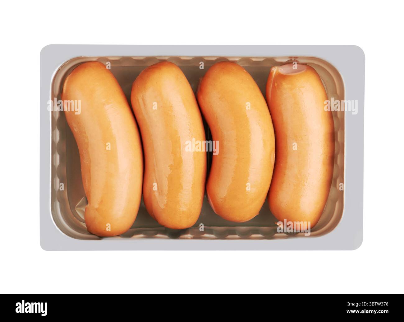 Boiled Sausages in pack, isolated on white background Stock Photo