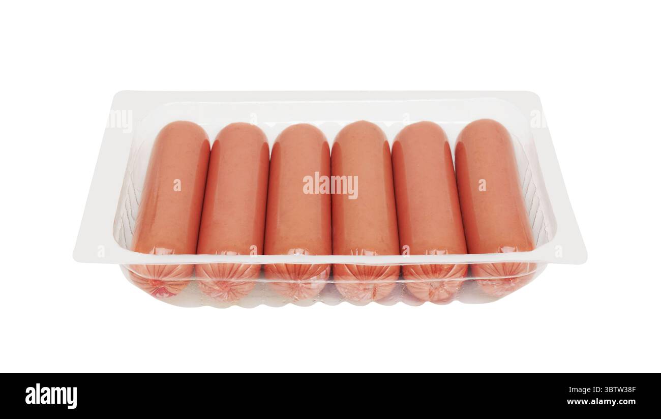Boiled Sausages in pack isolated on white background Stock Photo