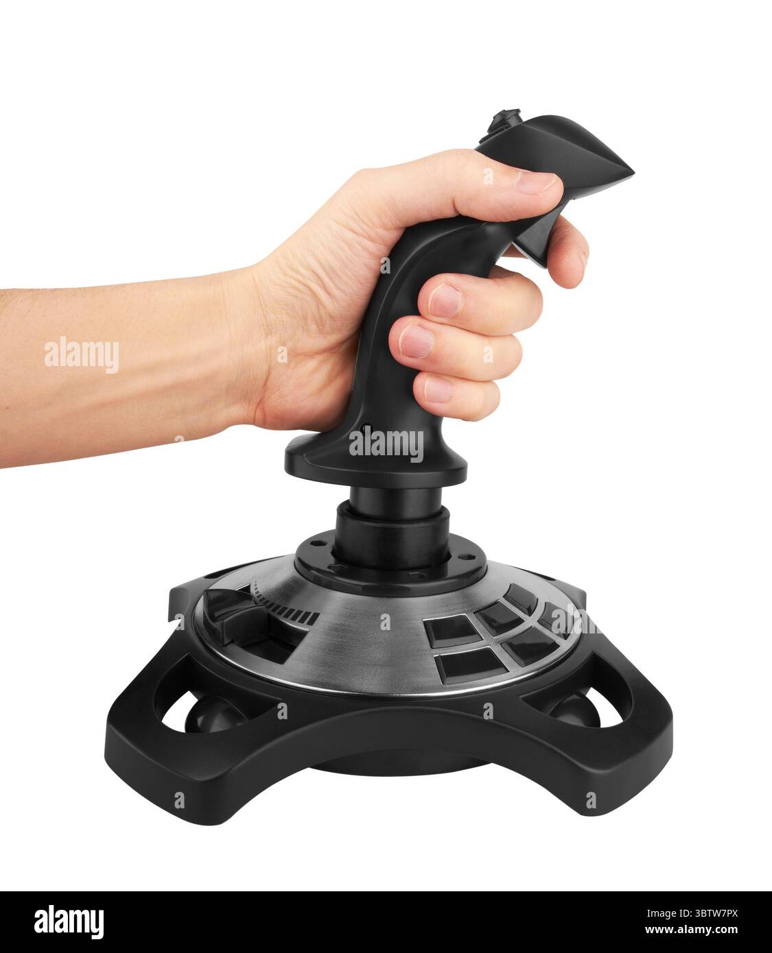 Computer joystick with hand isolated on white background Stock Photo