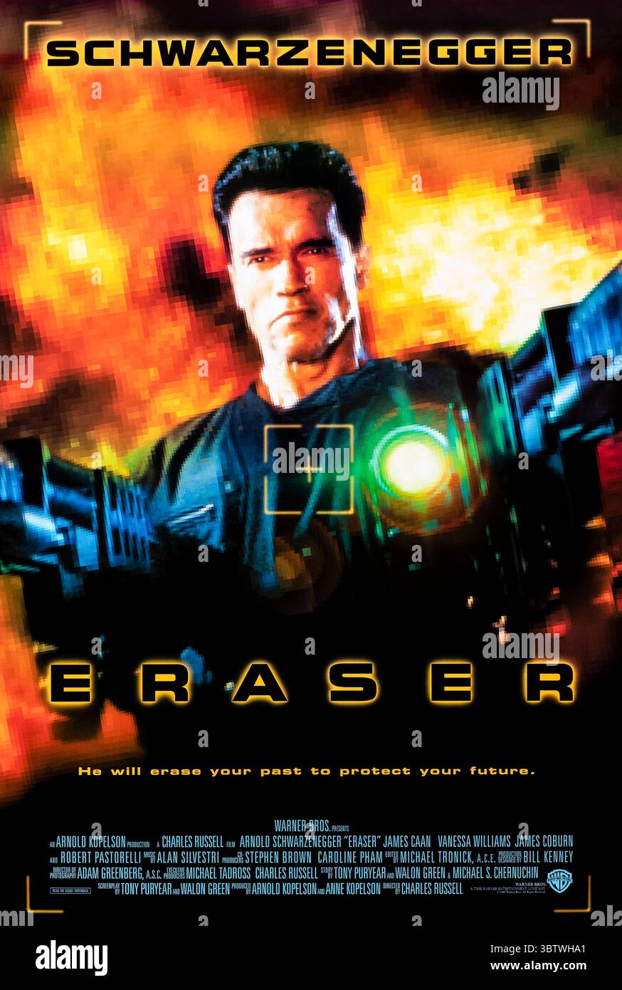 Eraser (1996) directed by Chuck Russell and starring Arnold Schwarzenegger, Vanessa Williams, and James Caan. A U.S. Marshal specializing in witness protection must protect a whistleblower from a deadly conspiracy. Photograph of an original 1996 US one sheet poster EDITORIAL USE ONLY. Credit: BFA / Warner Bros Stock Photo