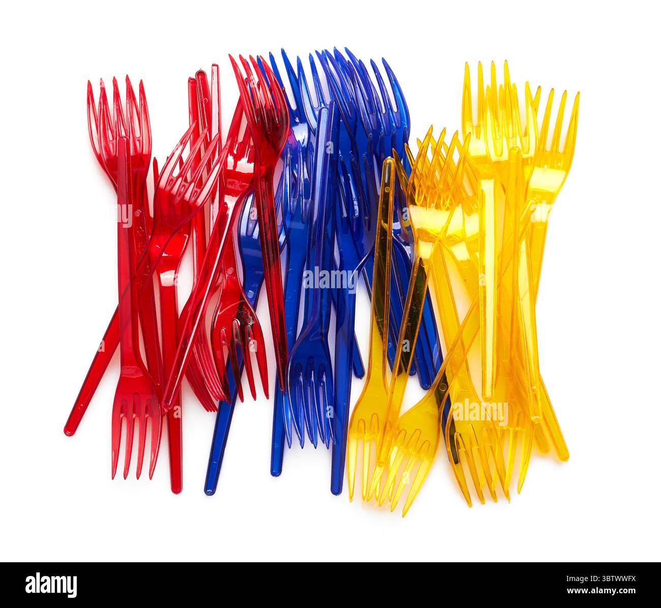 Set of colored plastic forks isolated on white background Stock Photo
