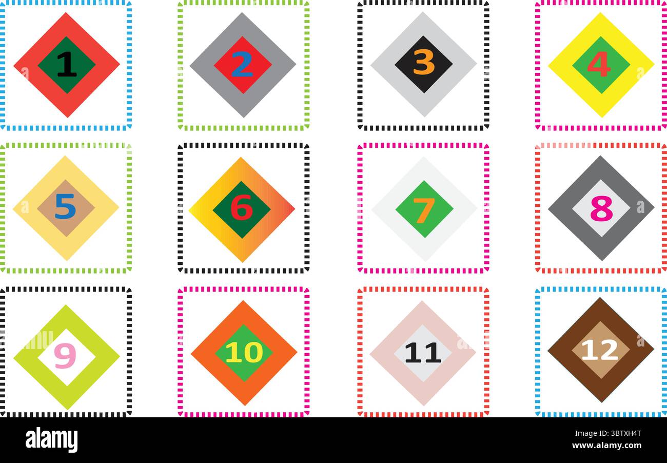 Editable diamond icons vector with digits and highlights for progress indicators and game dashboard Stock Vector