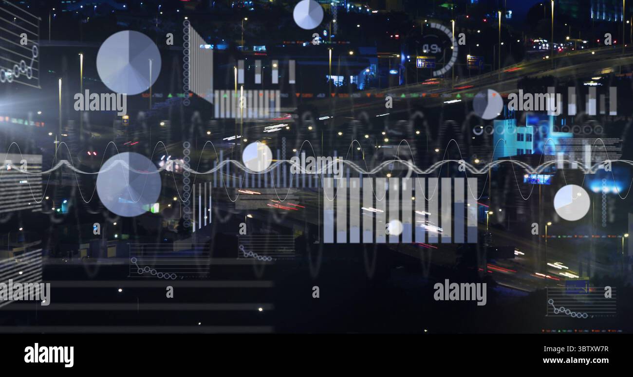 Streaming traffic light trails and floating data charts over nighttime highway, tech visualization Stock Photo