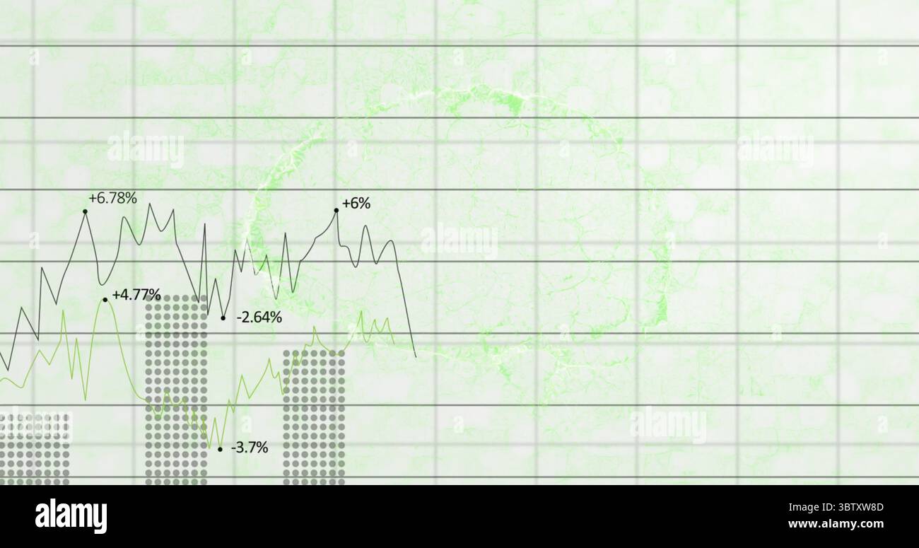 Displaying chart tracing data trends on slide, featuring grid, world map, bars and line graphs Stock Photo