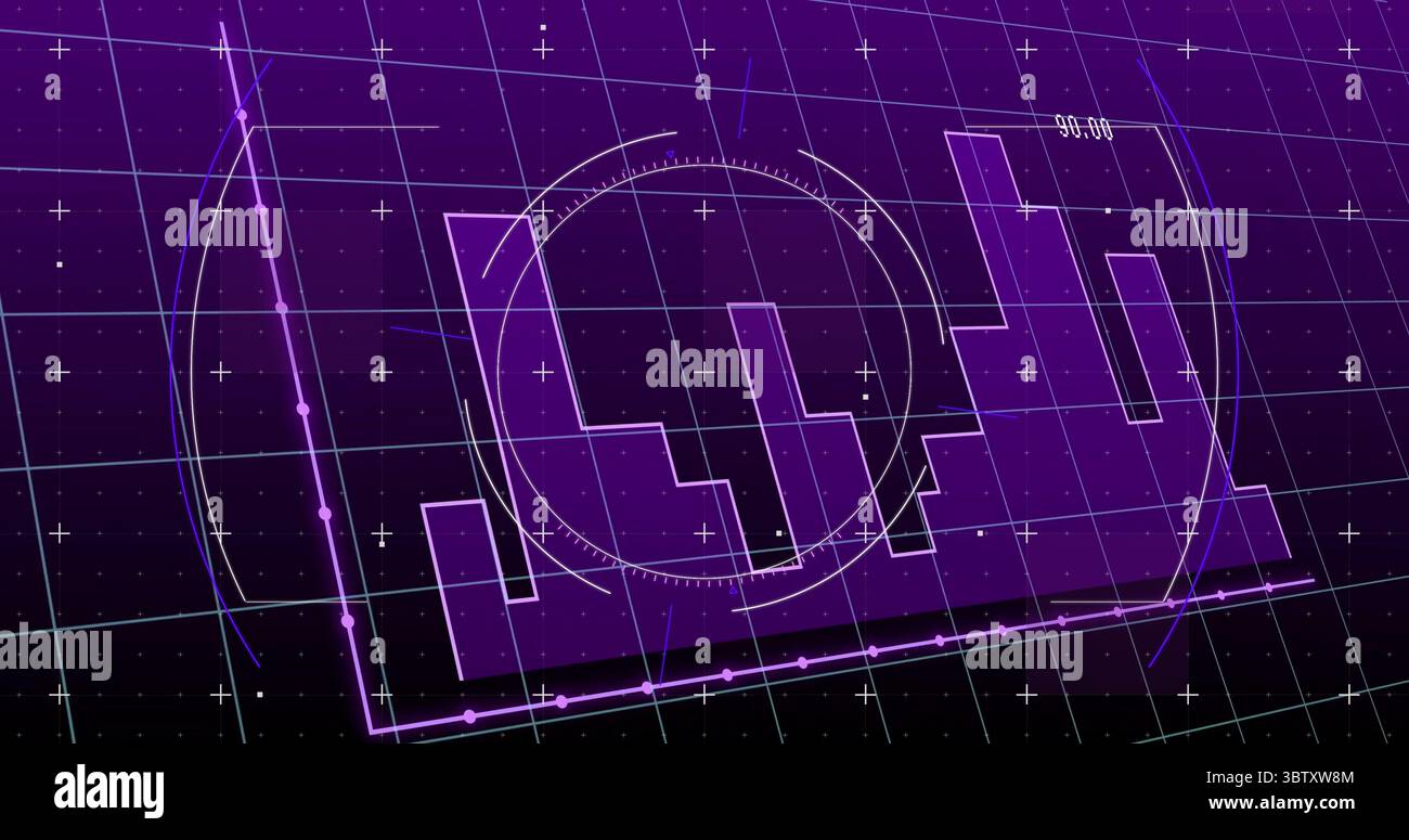 Displaying purple histogram chart tilting on data dashboard, with ring, node line and numeric label Stock Photo
