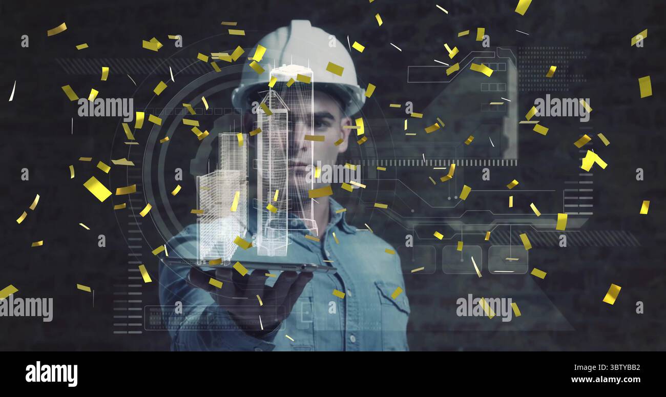 Displaying holographic skyscrapers, helmeted engineer using interface in studio, with confetti Stock Photo