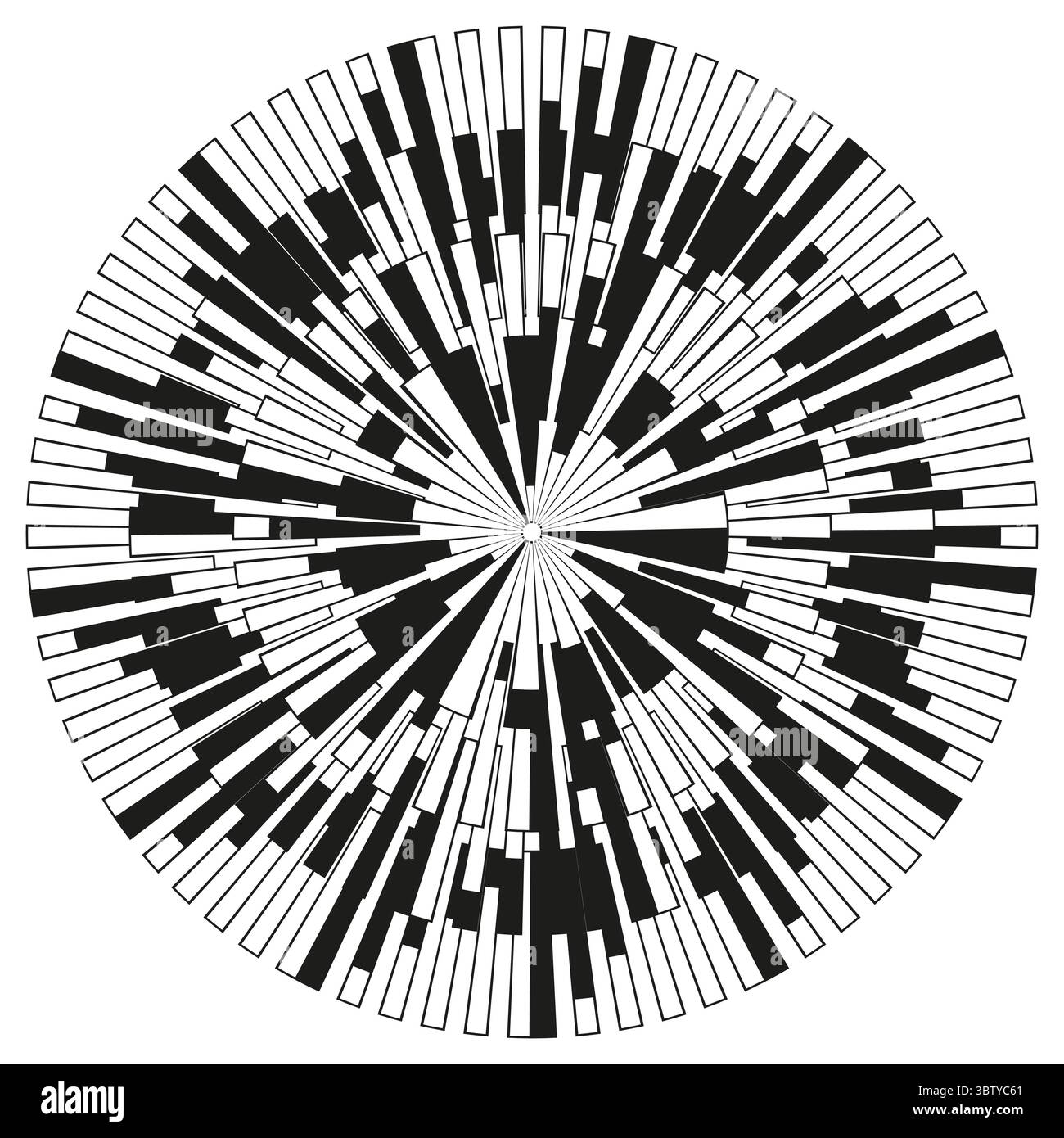 Radial burst Vector. Exploding pixel pattern. Abstract dynamic graphic. Black white chaos. Stock Vector