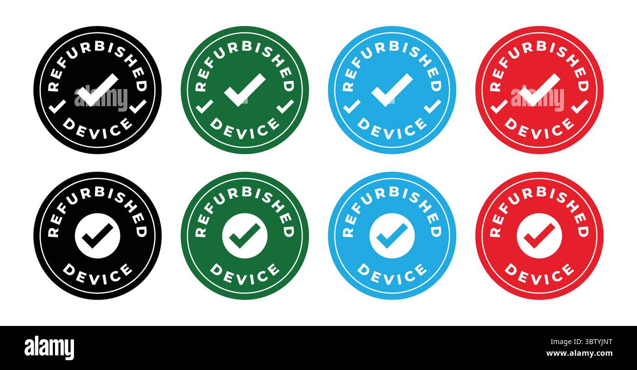 Refurbished Device Round Stamp Icon Set Stock Vector