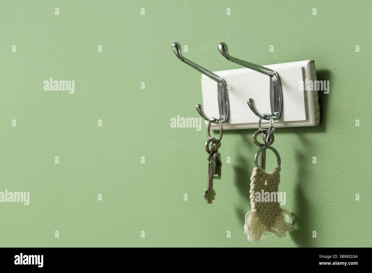 Rack with keys from house on green wall Stock Photo