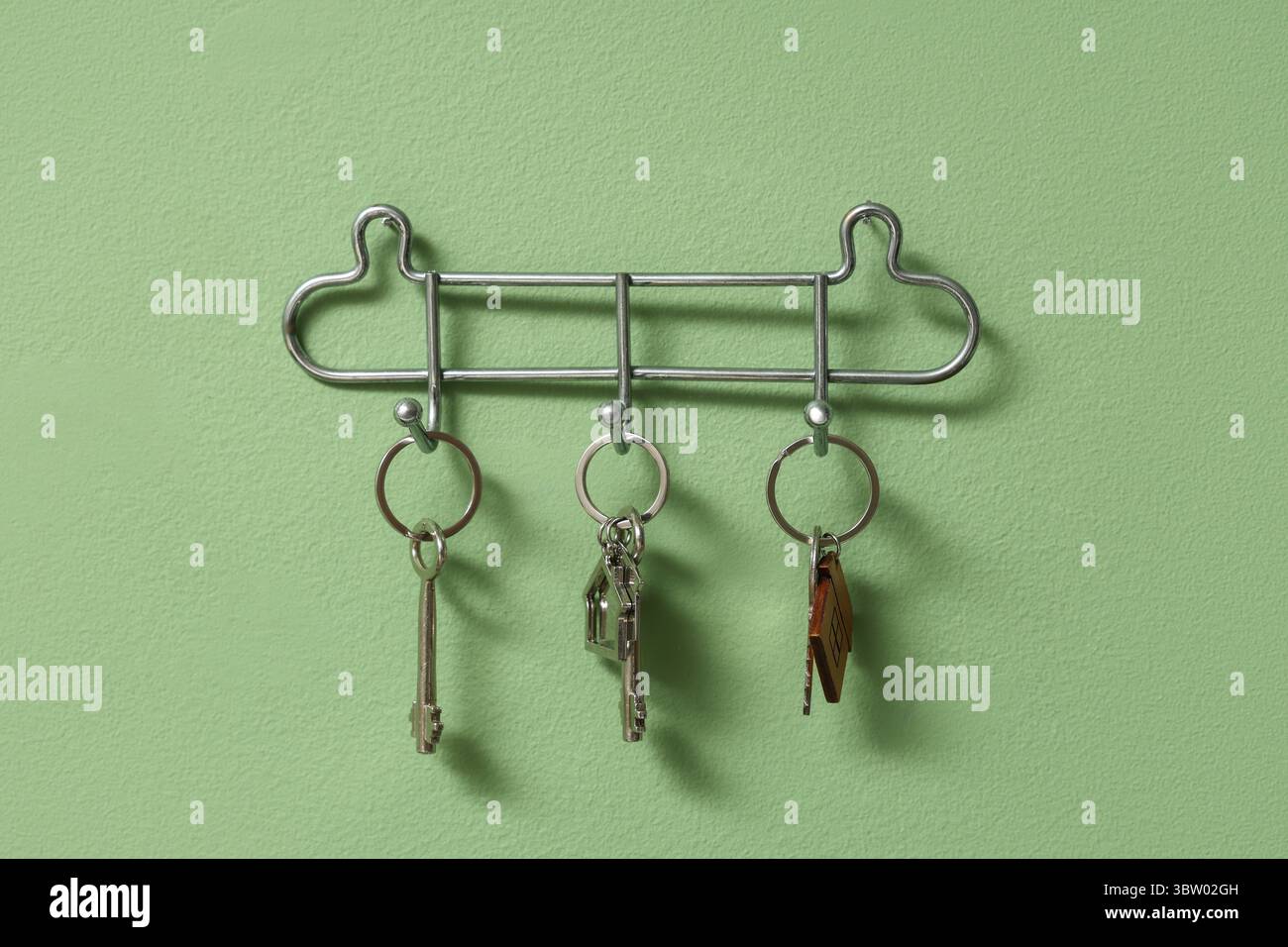 Rack with keys from house on green wall Stock Photo