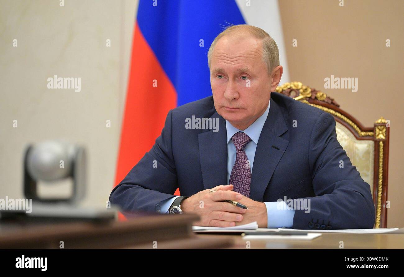 October 14, 2020, Novo-Ogaryovo, Moscow, Russia: Russian President Vladimir Putin, holds a video conference meeting with the head of the Karachayevo-Circassian Republic Rashid Temrezov from the Kremlin October 14, 2020 in Moscow, Russia. .. Credit: Alexei Druzhinin/Kremlin Pool/Alamy Live News (Credit Image: © Alexei Druzhinin/Kremlin Pool/Planet Pix via ZUMA Wire) Stock Photo