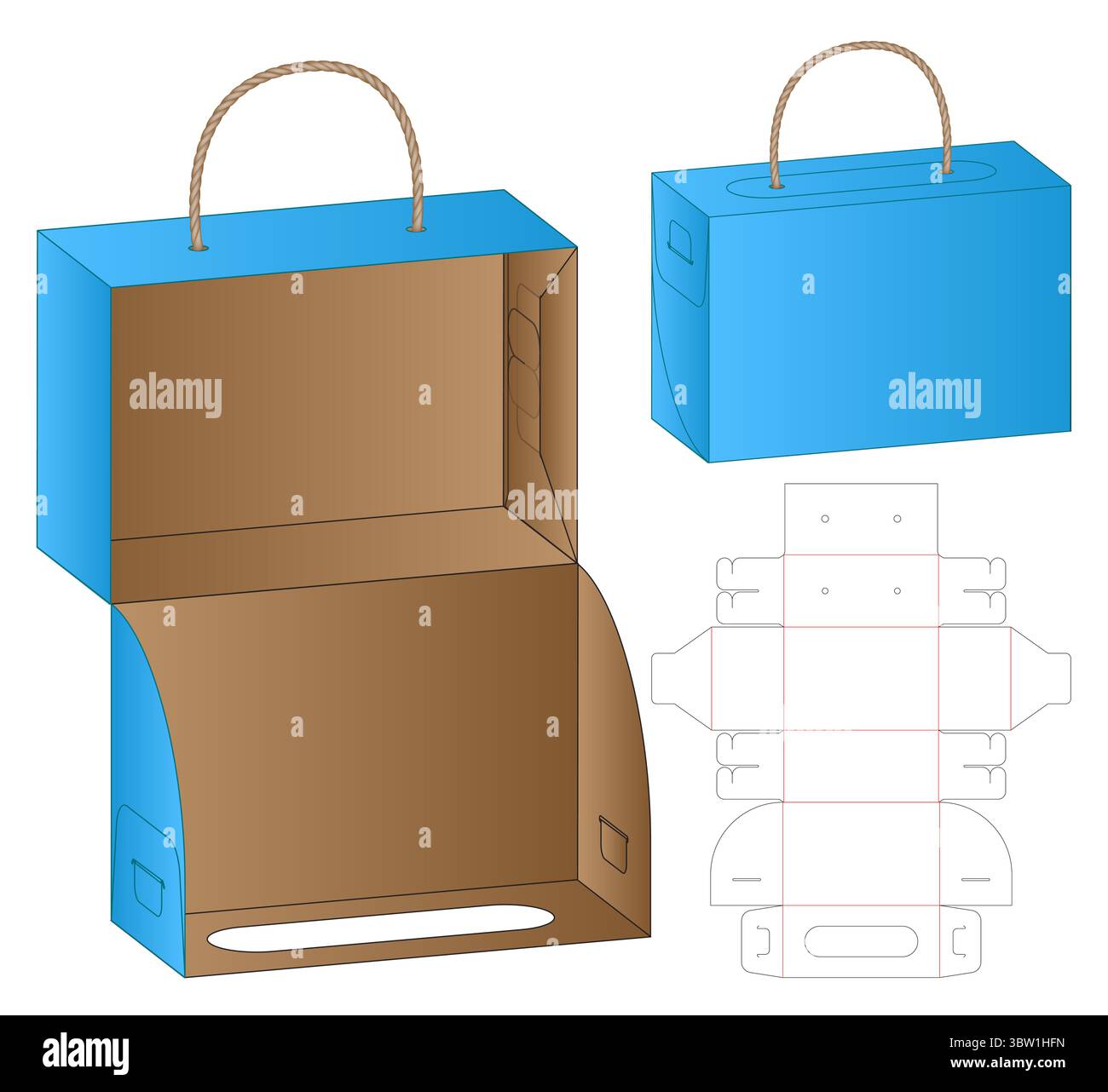 Packaging Box with Rope Handle – Dieline Layout and Template Design Stock Vector