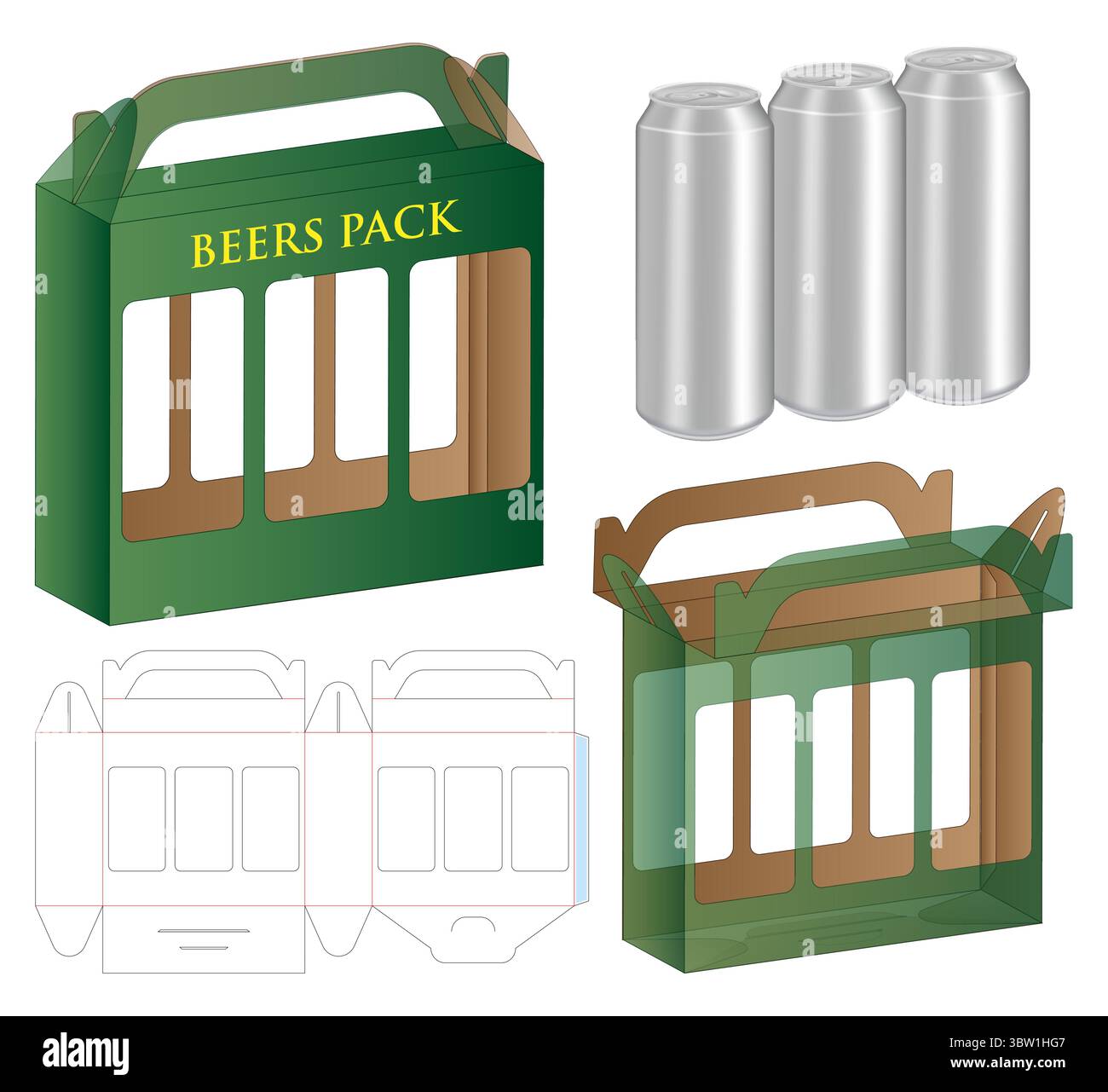 Beverage Cans Box Dieline – Foldable Packaging Template with Handle and Window Stock Vector